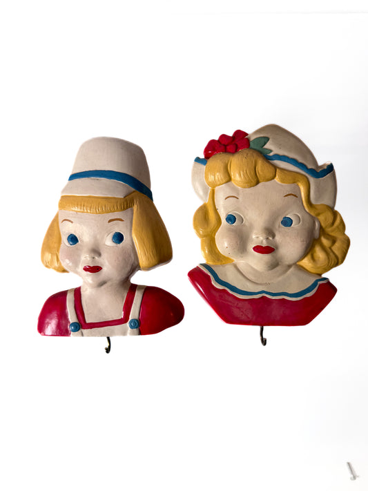 Vintage Kitchen Decor -  Dutch Girl and Boy Chalkware Hanger - Pair