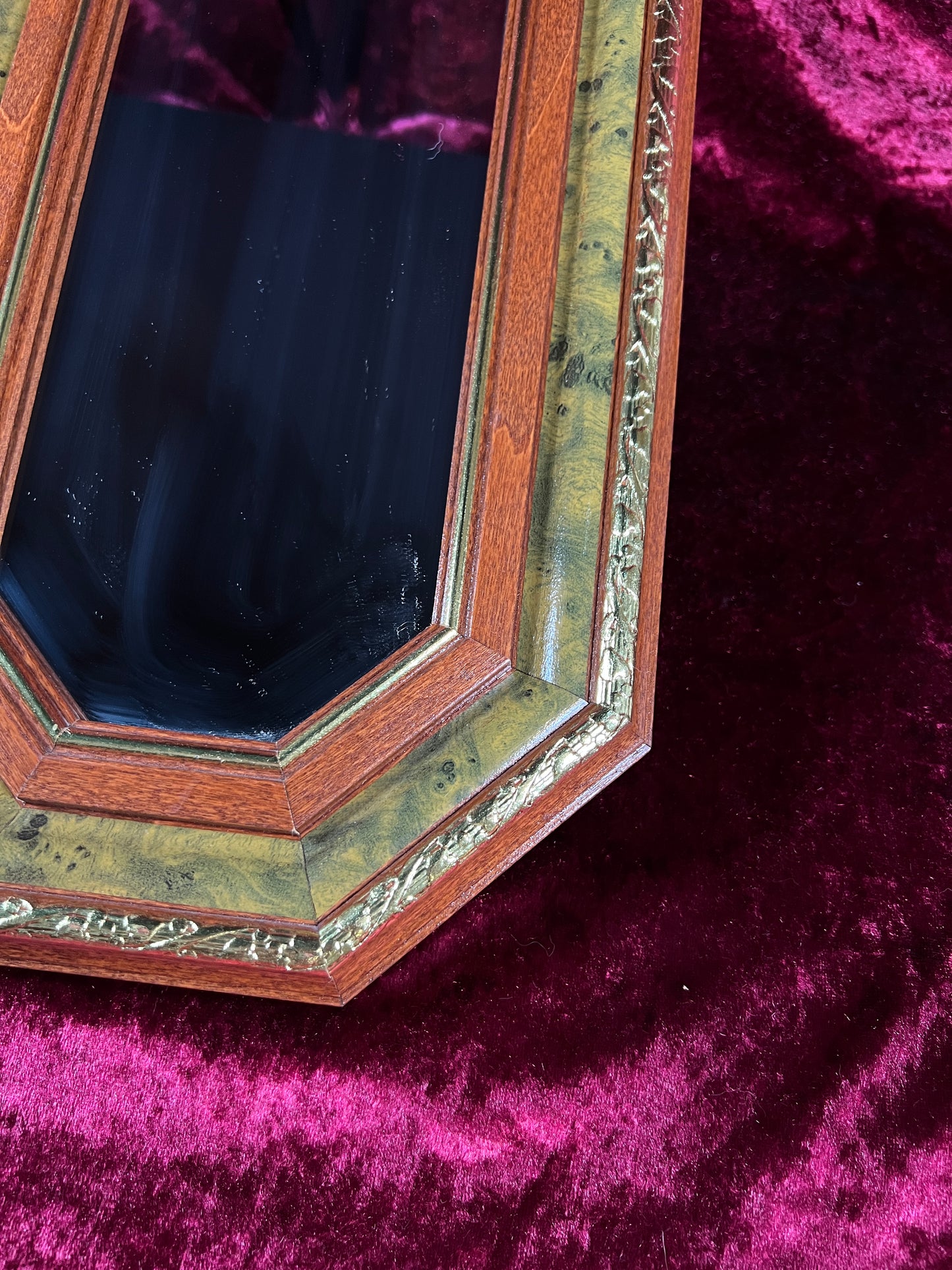 Vintage Wood Wall Mirror - Octagonal Faux Burlwood Accent Frame
