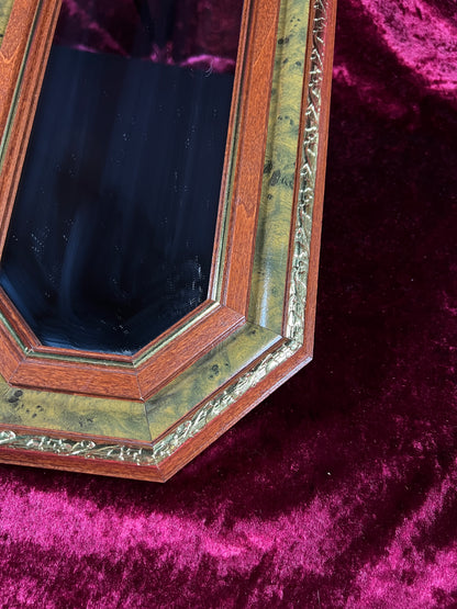Vintage Wood Wall Mirror - Octagonal Faux Burlwood Accent Frame