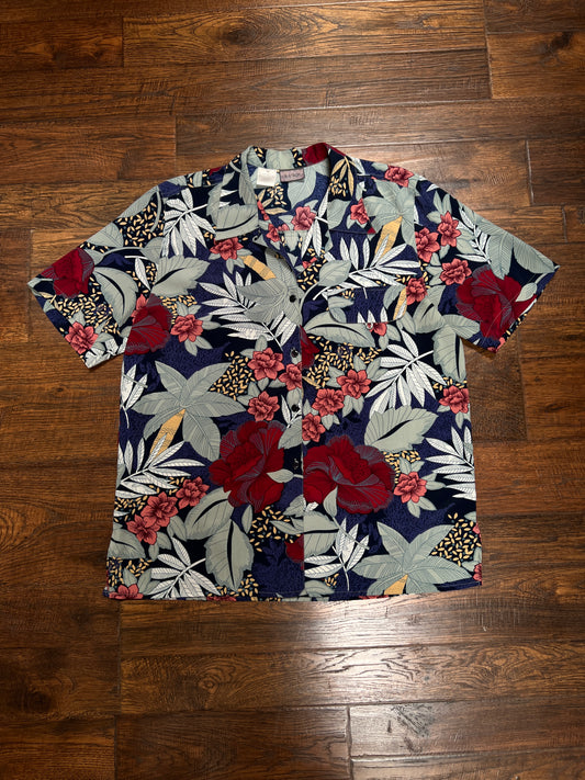 Vintage Bora Bora Hawaiian Shirt – Tropical Floral Camp Shirt Navy Multicolor - Medium