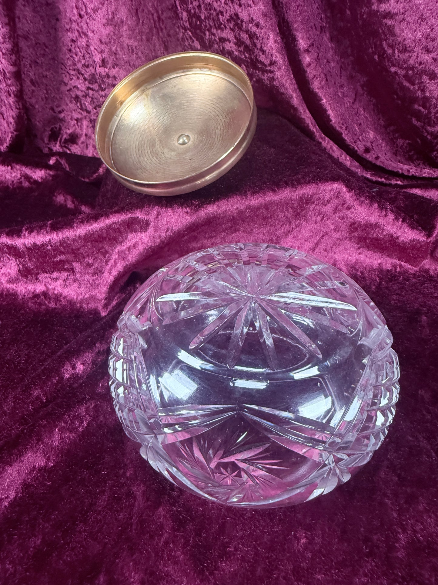 Vintage Cut Crystal Vanity Jar – Green Guilloché Style Lid Dresser Box