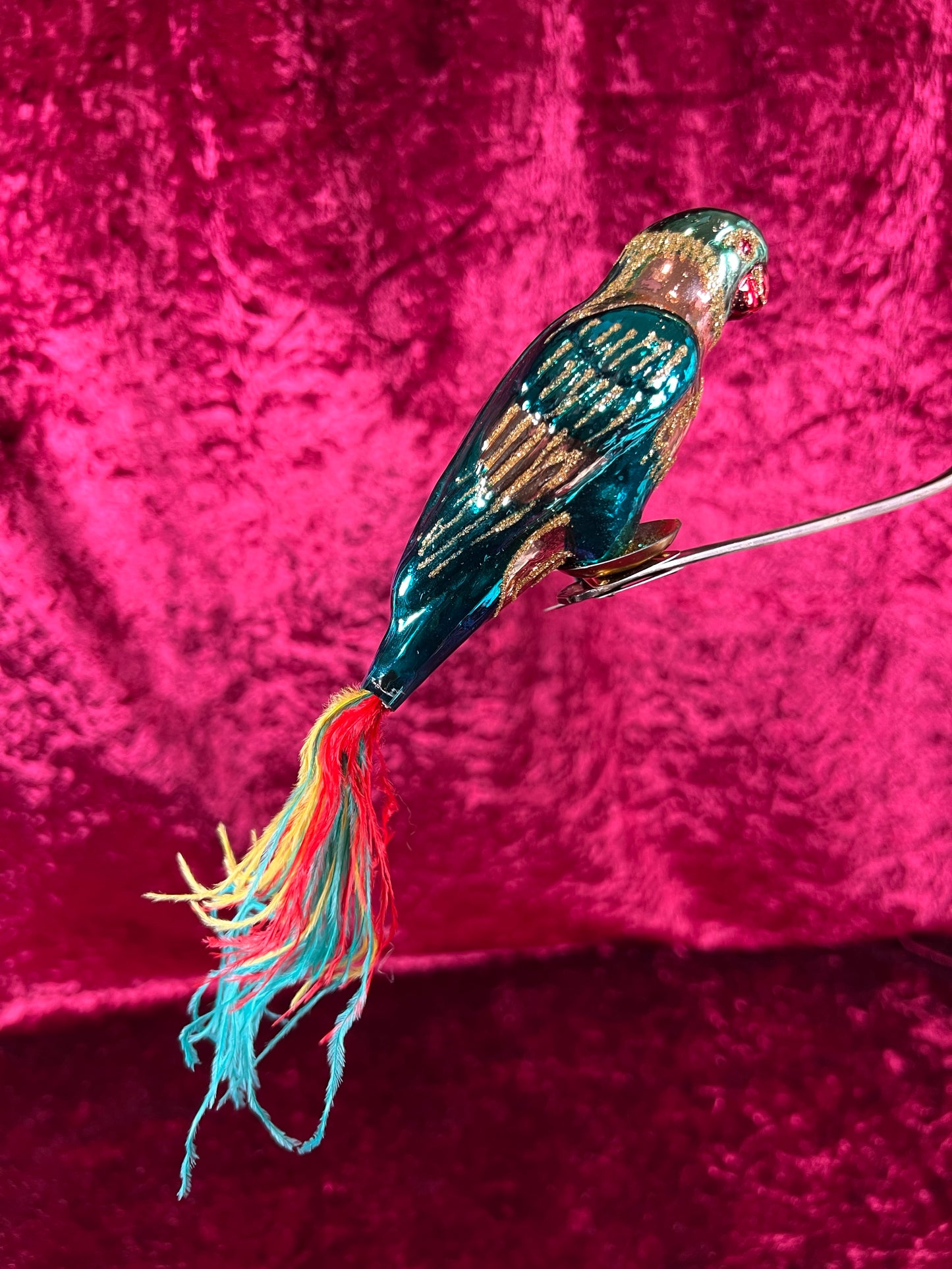 Vintage Christmas - Glass Clip-On Ornament - Teal Blue Parrot with Feather Tail