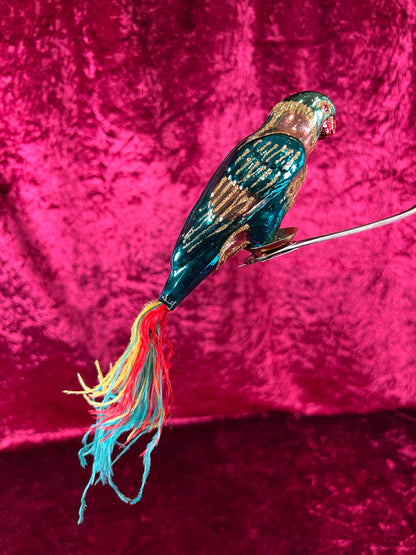Vintage Christmas - Glass Clip-On Ornament - Teal Blue Parrot with Feather Tail