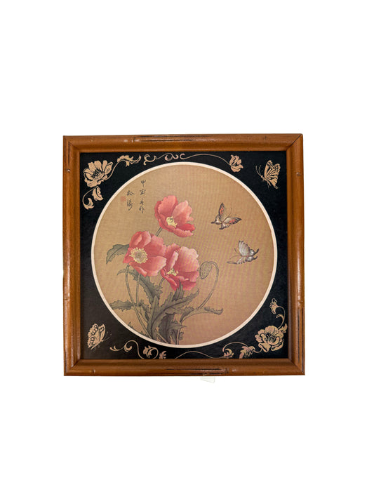 Vintage Wall Decor - Asian Art Print Poppies and Butterflies - Faux Bamboo Wood Frame
