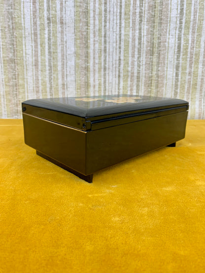 Vintage Lacquerware Mirrored Musical Jewelry Box - Yellow Daffodils - Made in Japan