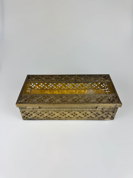 Vintage MCM Woven Brass Rectangular Tissue Box w/ Velvet Bottom