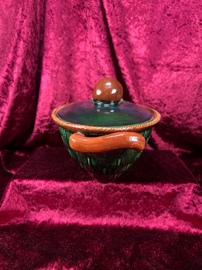 Vintage Ceramic Covered Casserole Dish - Majolica Mushroom Lid Basketweave Belgium Tellurite