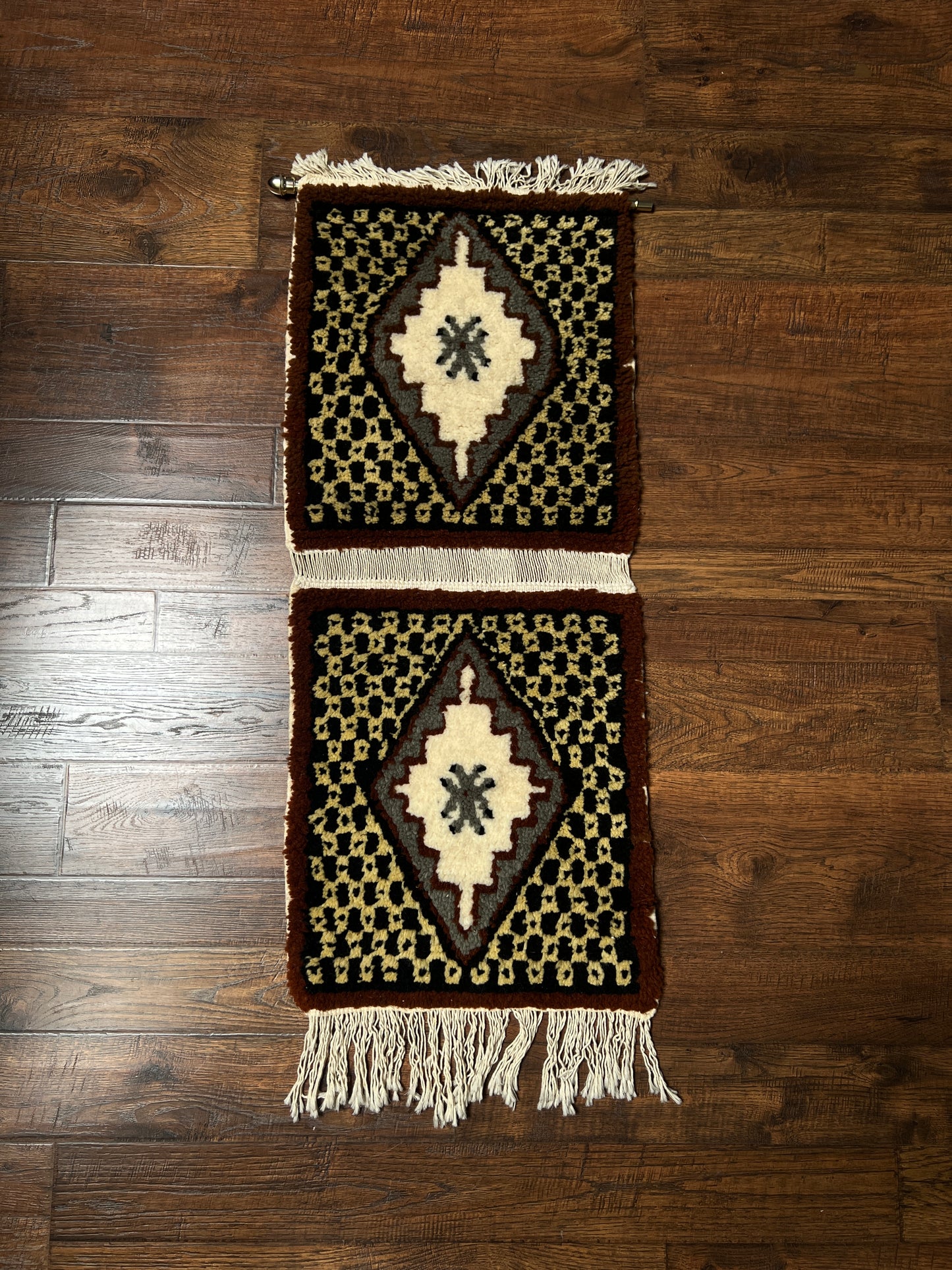 Vintage Wool Wall Hanging Crewel – Geometric Double Panel Tapestry with Fringe