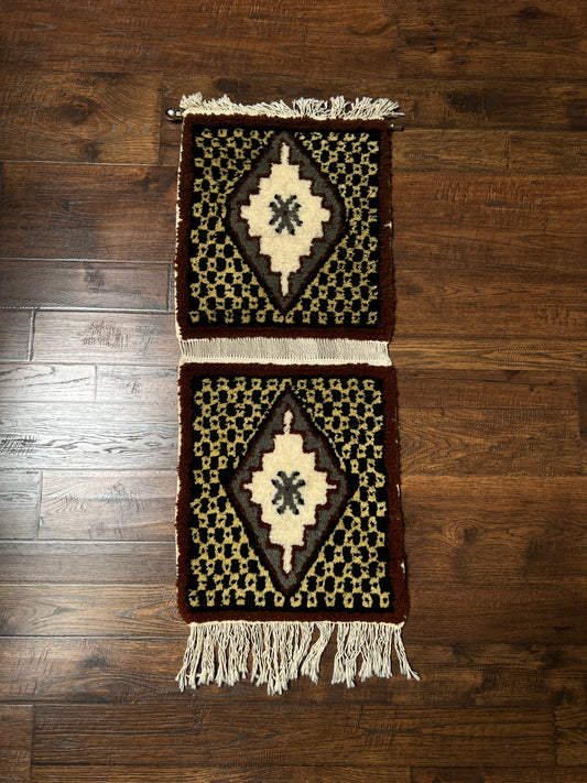 Vintage Wool Wall Hanging Crewel – Geometric Double Panel Tapestry with Fringe