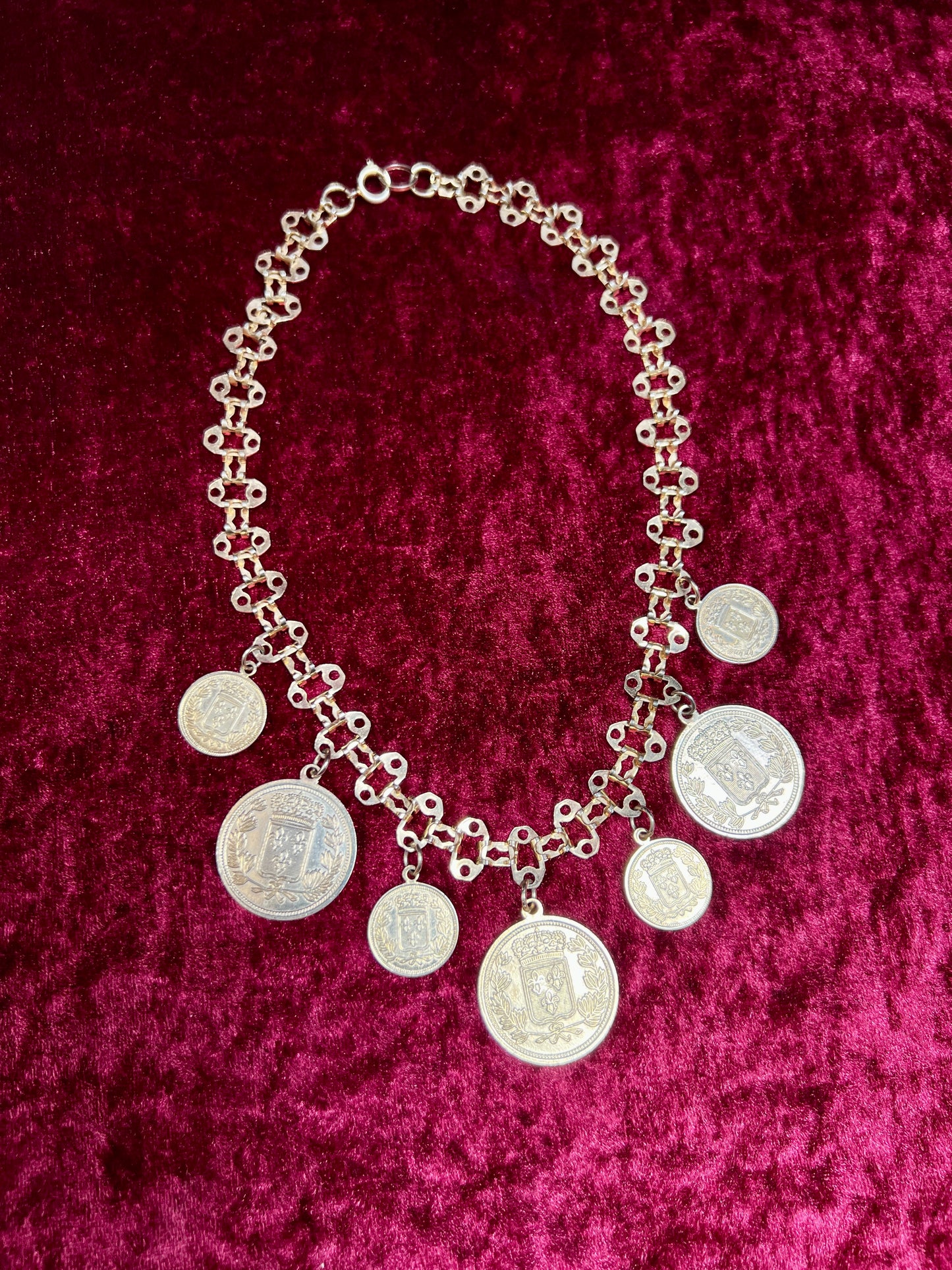 Vintage Jewelry - Reversible Necklace - Gold Tone Republique Francaise Coins - 17.5"