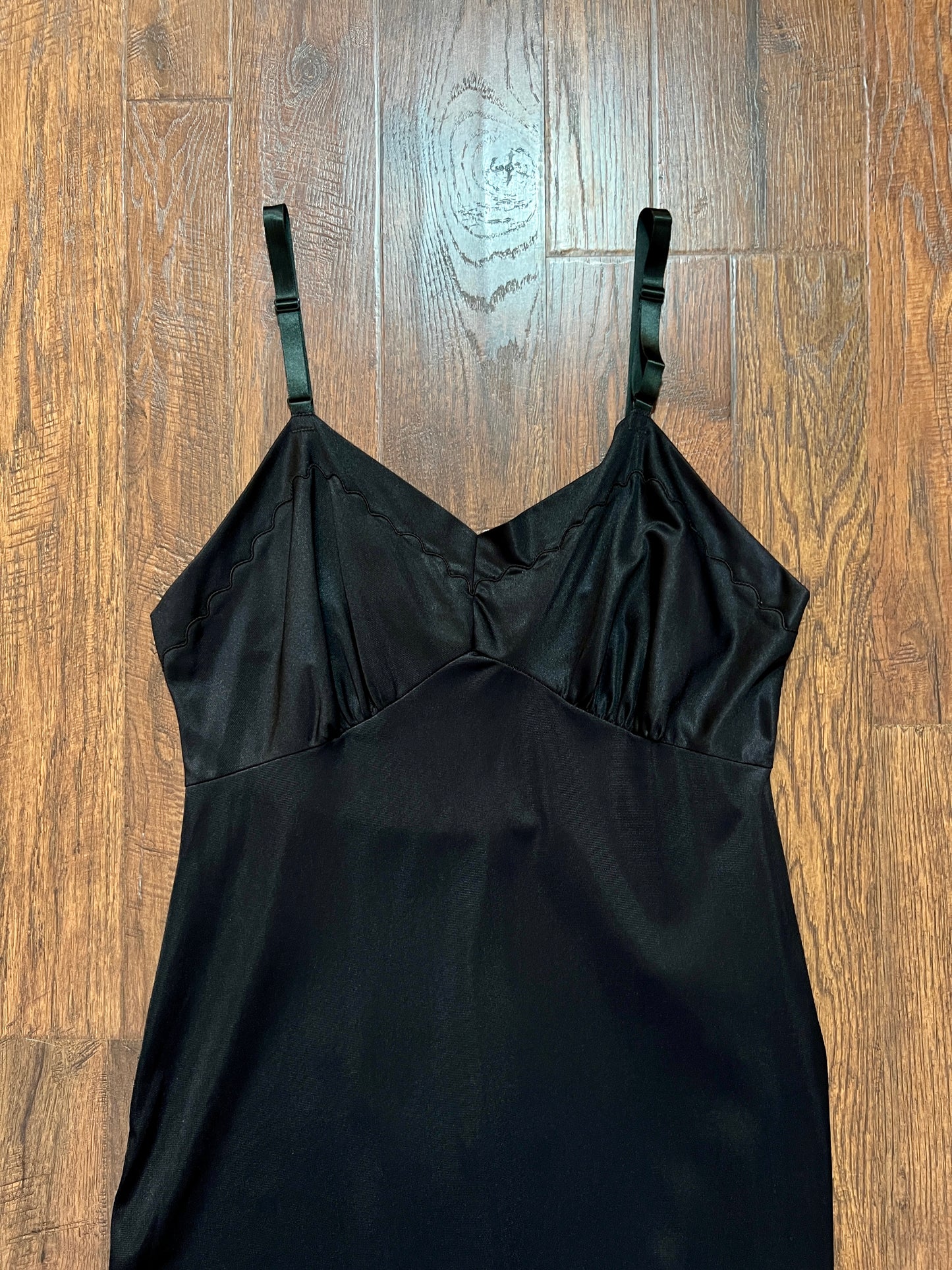 Vintage Nylon Spaghetti Strap Slip Dress - Black with Scalloped Embroidery - Mistra