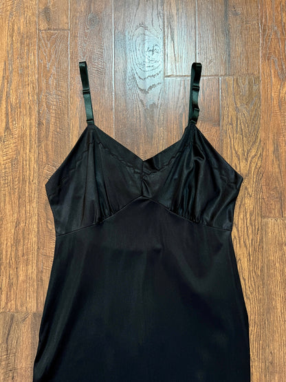 Vintage Nylon Spaghetti Strap Slip Dress - Black with Scalloped Embroidery - Mistra