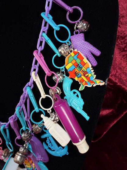 Vintage 1980s Plastic Chain Charm Necklace - 20 Bell Charms - Purple & Aqua Blue