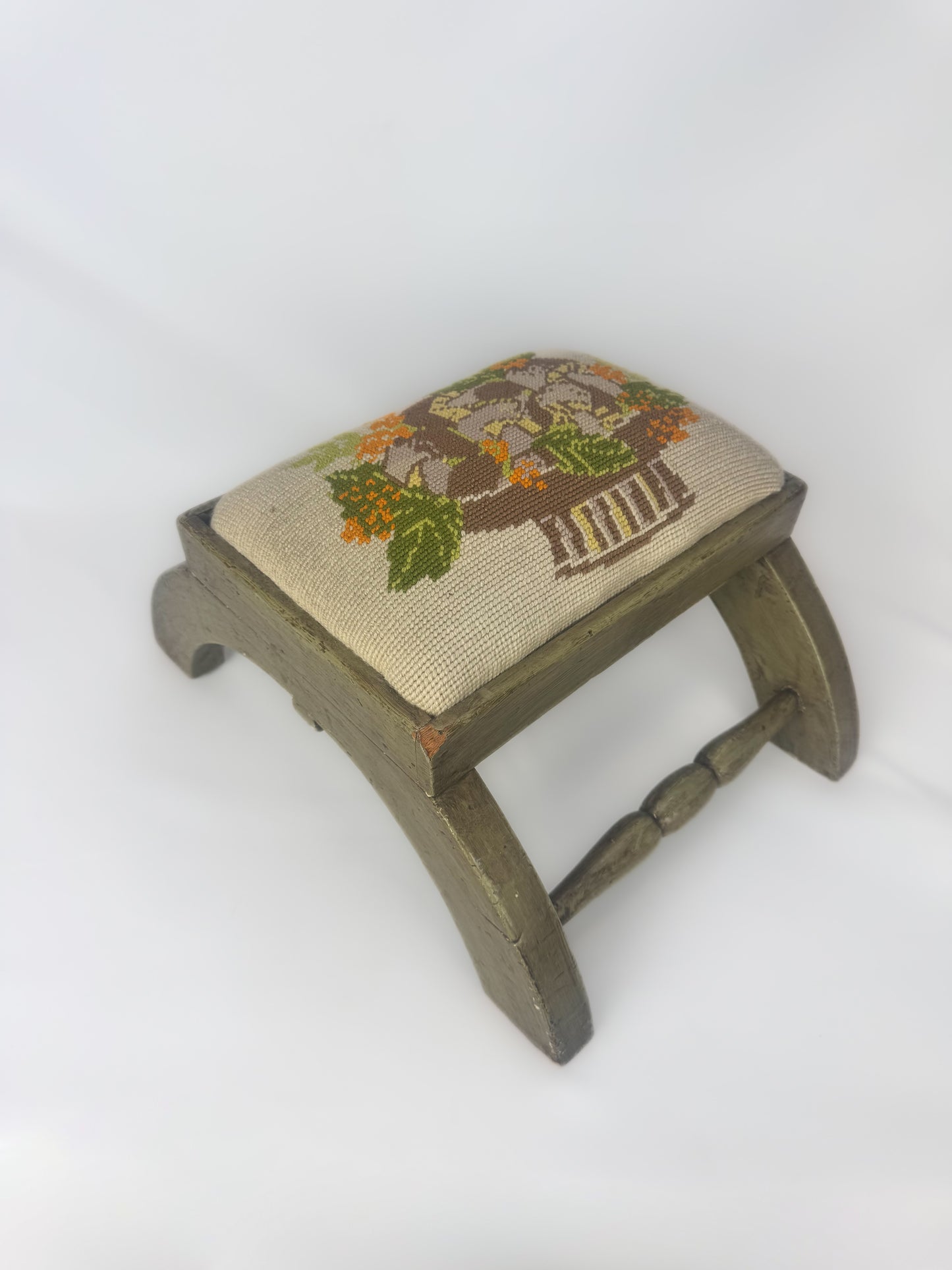 Vintage 1970s Needlepoint Mushroom / Toadstool Wooden Foot Stool