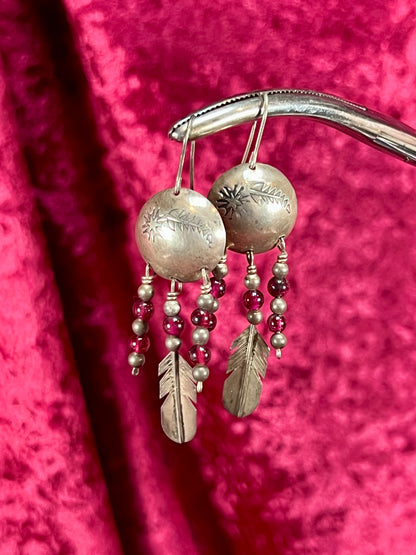 Vintage Jewelry - Dangle / Drop Earrings - Sterling Silver - Conchos with Red Beads and Feathers