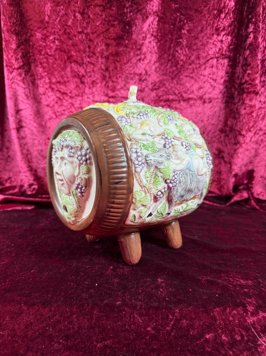 Vintage Pottery - Mid Century Wine Barrel Keg Decanter - Putti, Bacchus, Goat Relief