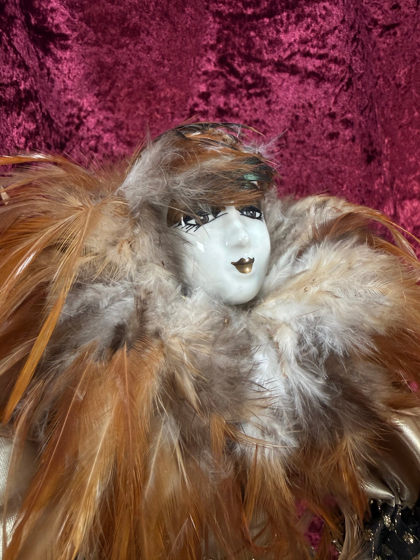 Vintage Porcelain Pierrot Doll – Feathered Collar Seated Harlequin Figure
