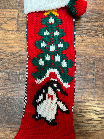 Vintage Christmas - Knit Stocking - Christmas Tree on Red