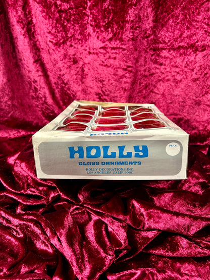 Vintage Christmas - Glass Ornament Set of 12 - Solid Red - Holly - Made In USA