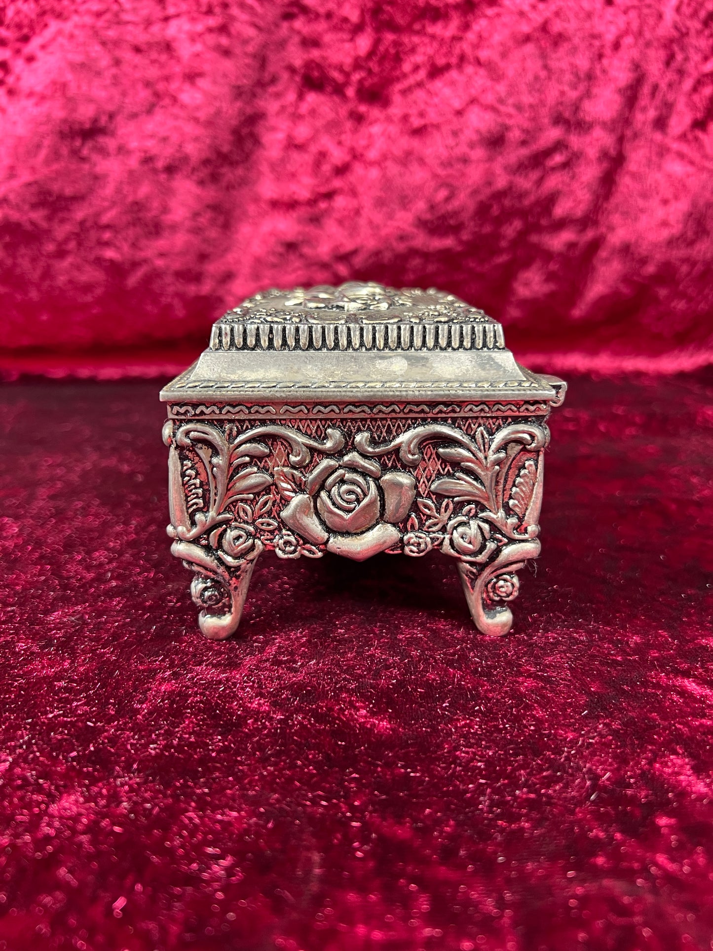 Vintage Vanity - Jewelry Box - Ornate Silver Rose Filigree - Black Velvet Lining - Footed