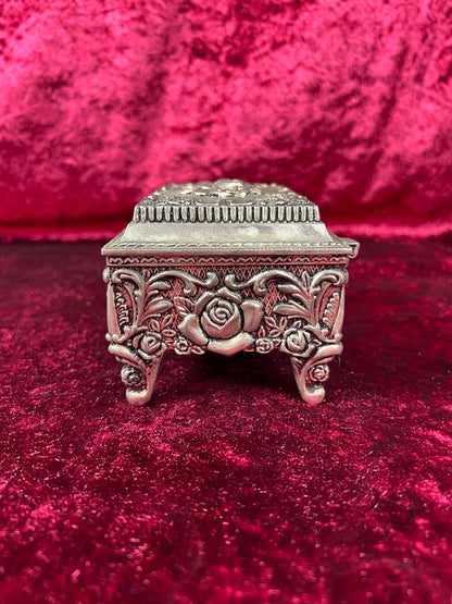 Vintage Vanity - Jewelry Box - Ornate Silver Rose Filigree - Black Velvet Lining - Footed