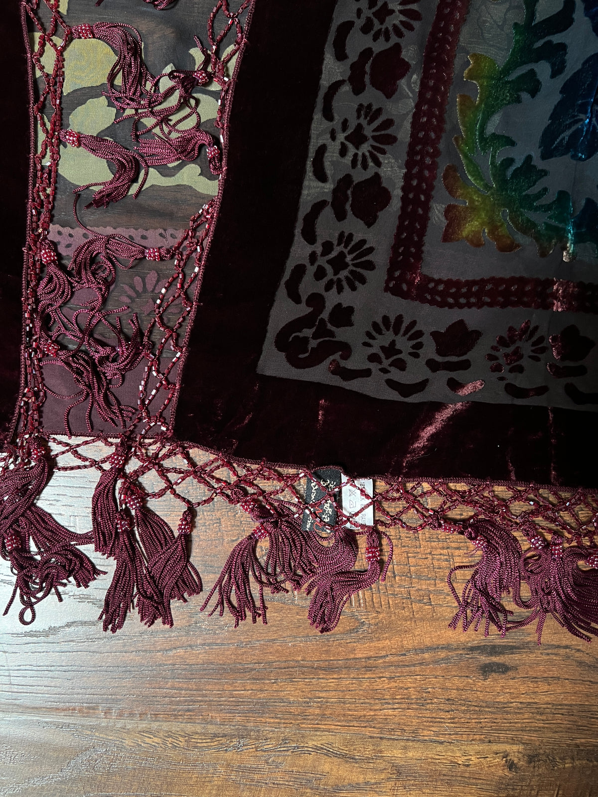 Vintage Velvet Burnout Shawl - Jewel Tone Floral Beaded Fringe Wrap - Size Small