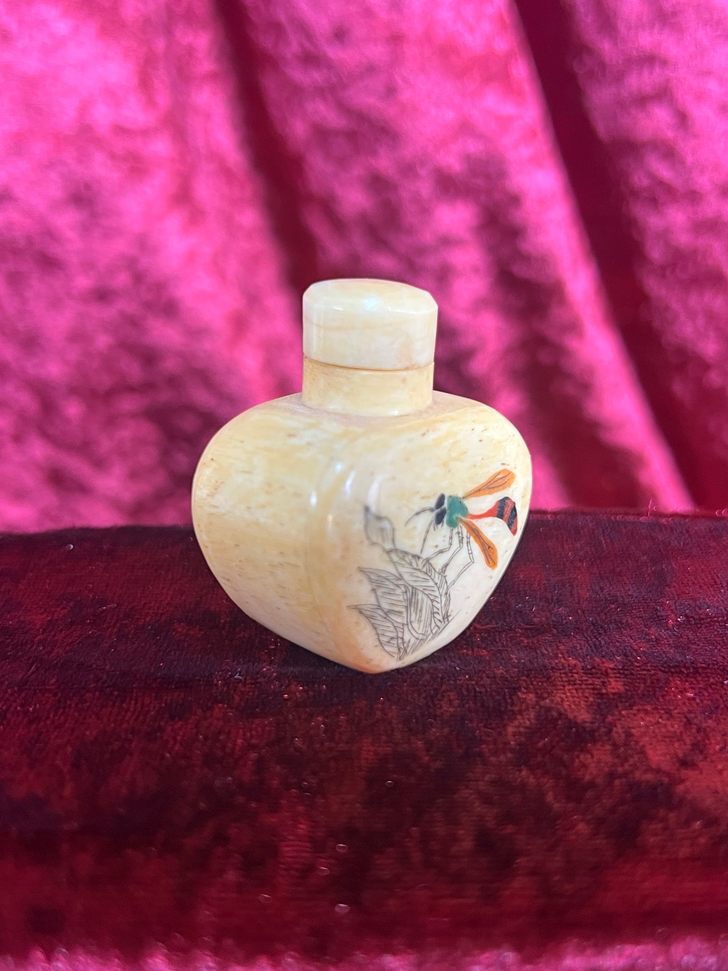 Vintage Curiosities - Antique Snuff Bottle - Bone - Inlaid Dragonfly - 1.75”
