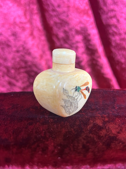 Vintage Curiosities - Antique Snuff Bottle - Bone - Inlaid Dragonfly - 1.75”