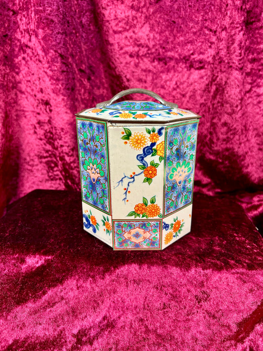 Vintage Kitchen - Metal Octagonal Tea Tin -Psychedelic Orange and Blue Florals - The Metal Box Company - England