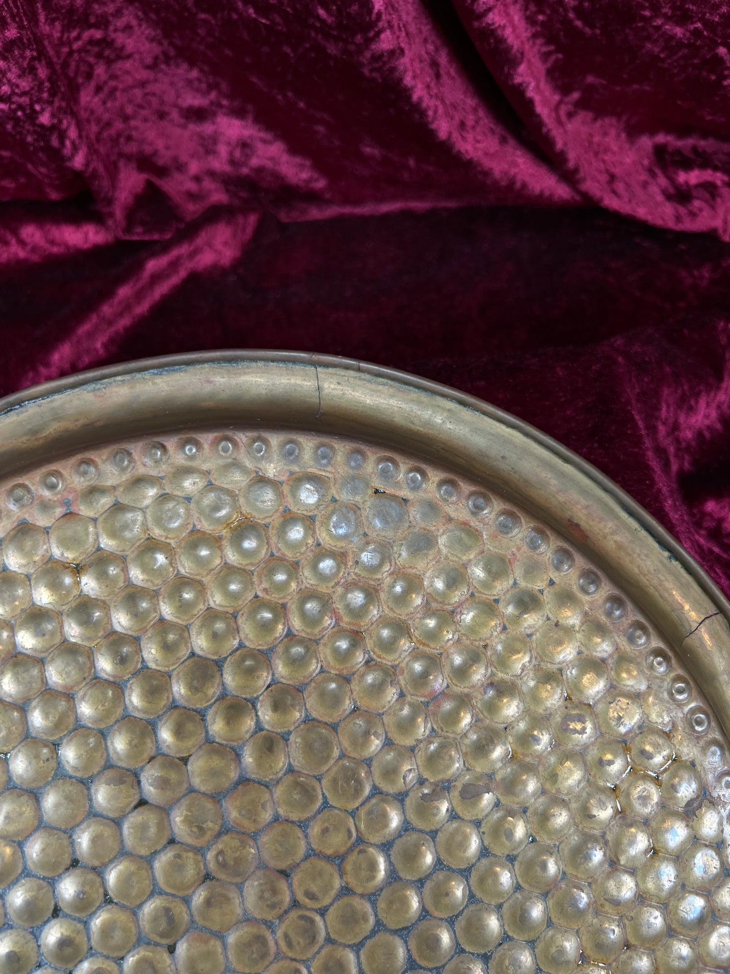 Vintage Brass Tray - Hammered Honeycomb Pattern Round Serving Platter