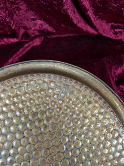 Vintage Brass Tray - Hammered Honeycomb Pattern Round Serving Platter
