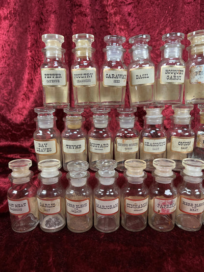 Vintage Glass Apothecary Style Spice Jar Set with Original Labels - Kitchen Collection Set