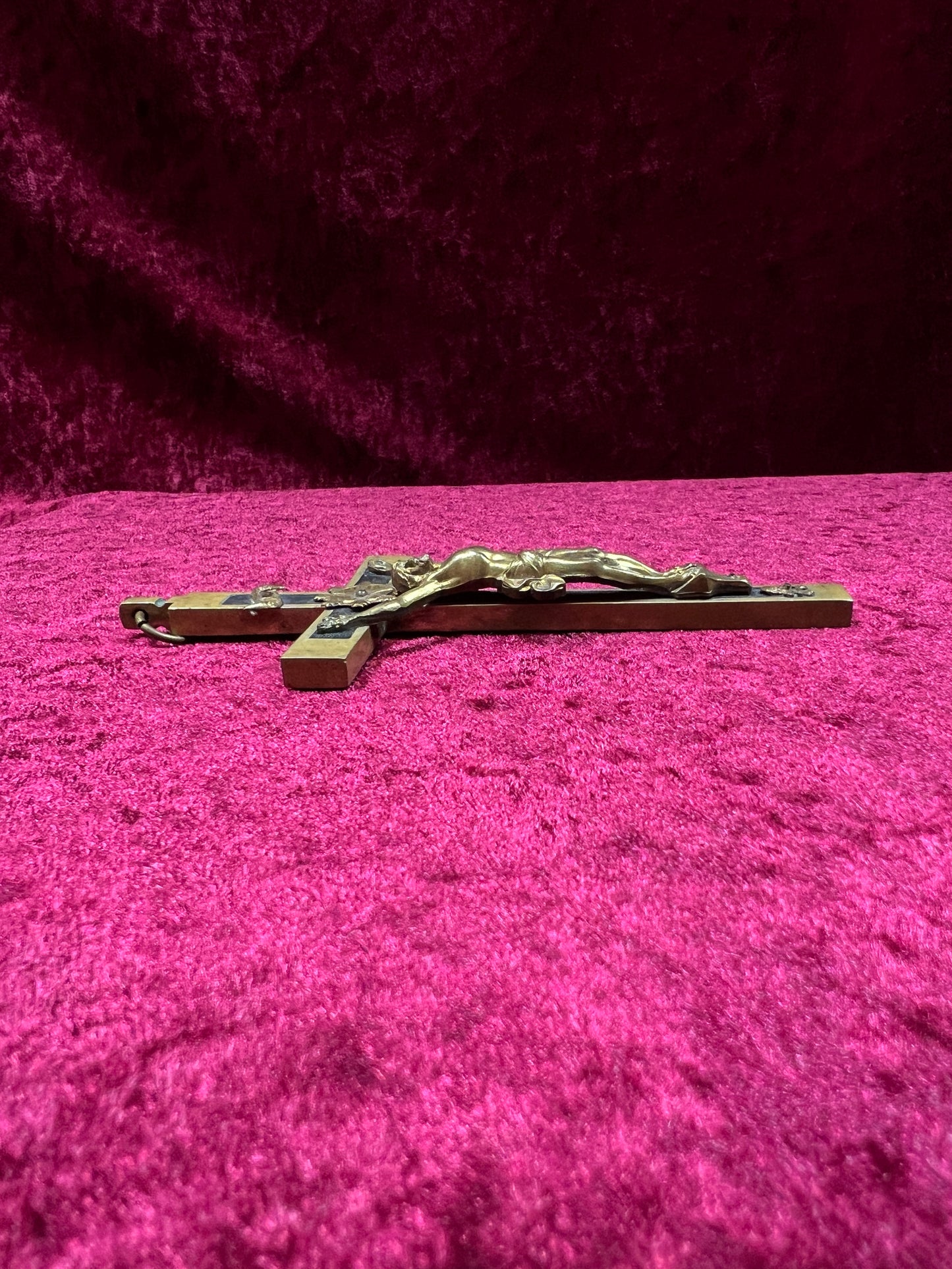 Vintage Brass Crucifix Cross - Ebony Inlay Skull and Crossbones Wall Hanging