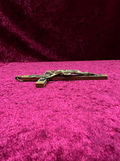 Vintage Brass Crucifix Cross - Ebony Inlay Skull and Crossbones Wall Hanging