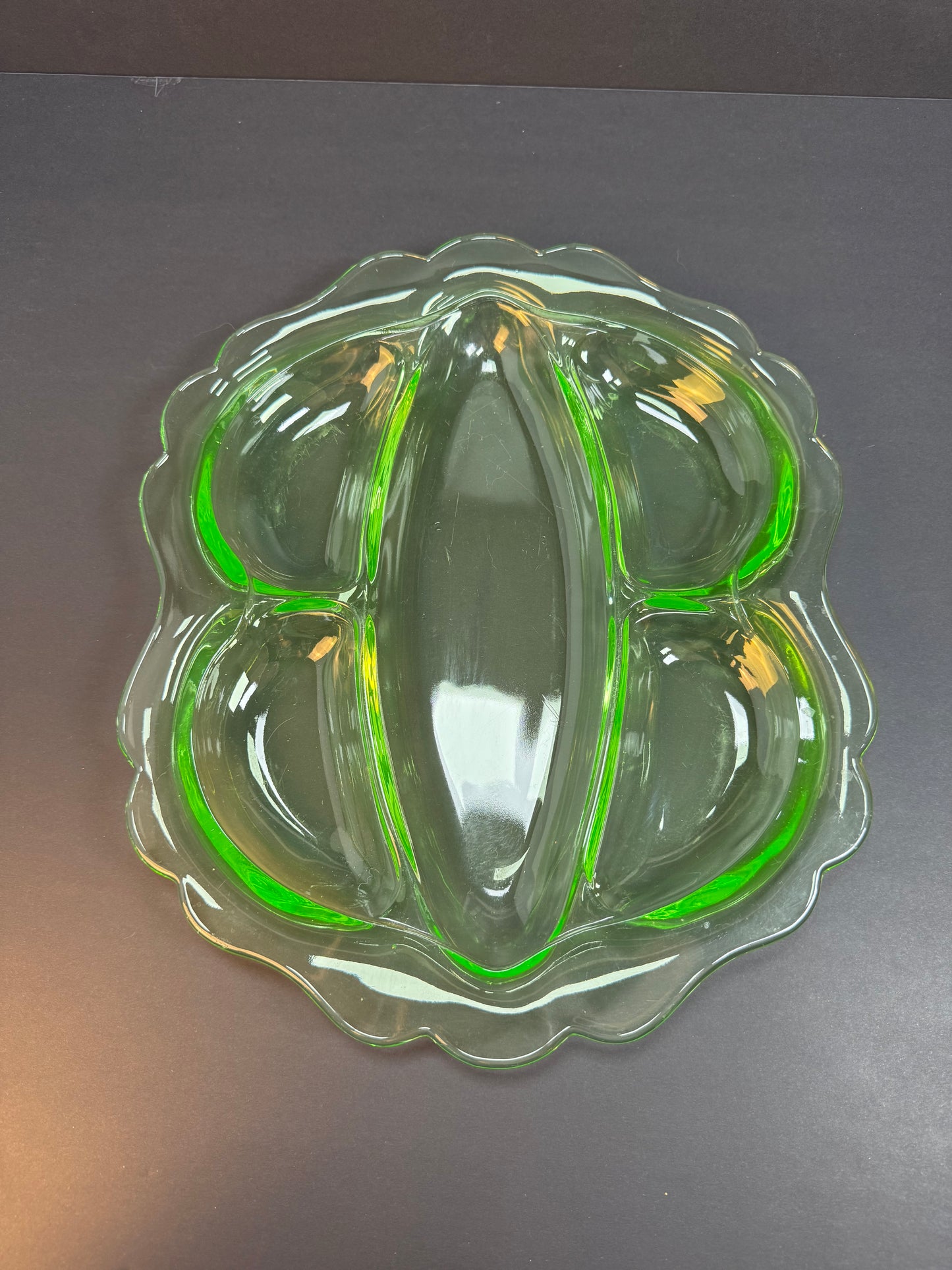 Vintage Uranium Glass - Heavy Divided Condiment Dish