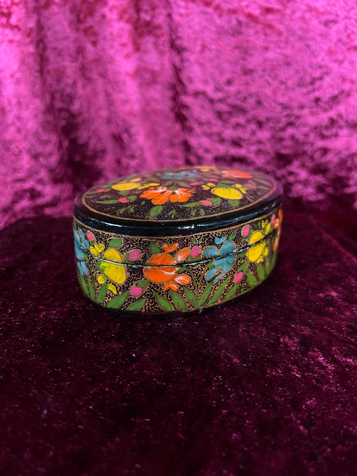 Vintage Papier Mache Trinket Box - Hand Painted Floral Kashmir Style