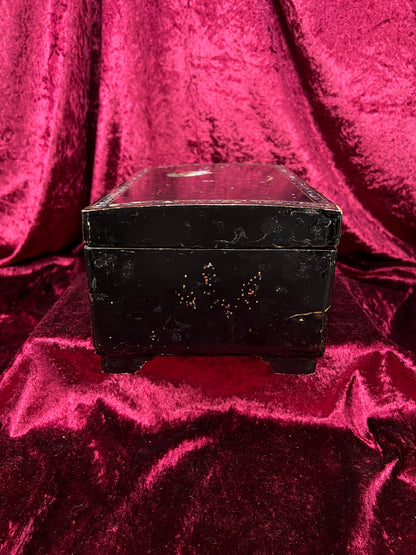 Vintage Black Lacquer Jewelry Box - Mother of Pearl Painted Peacock Vanity Chest