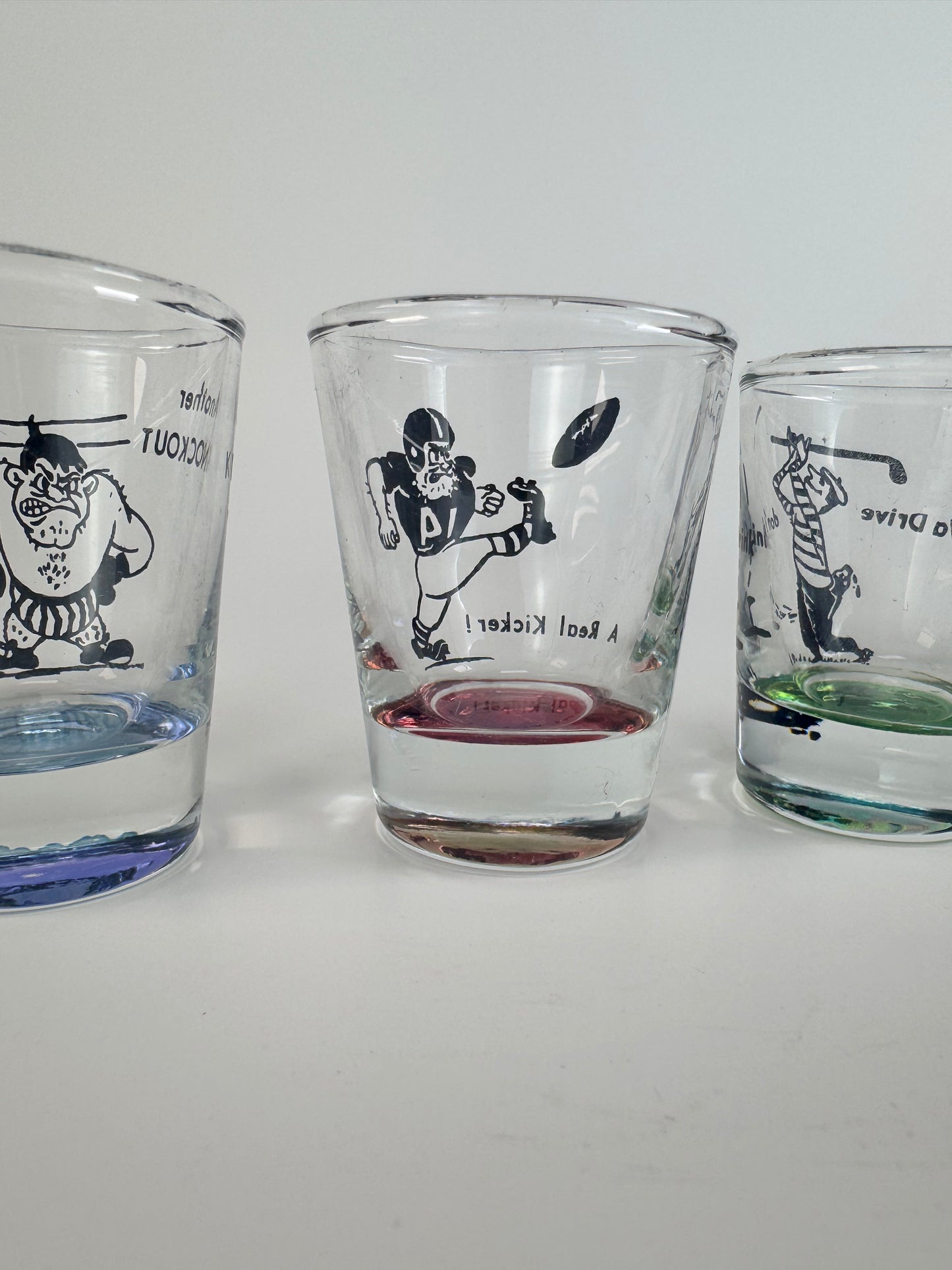 Vintage Barware - Kitschy Sports Humor - 1950s Shot Glass Set of 4