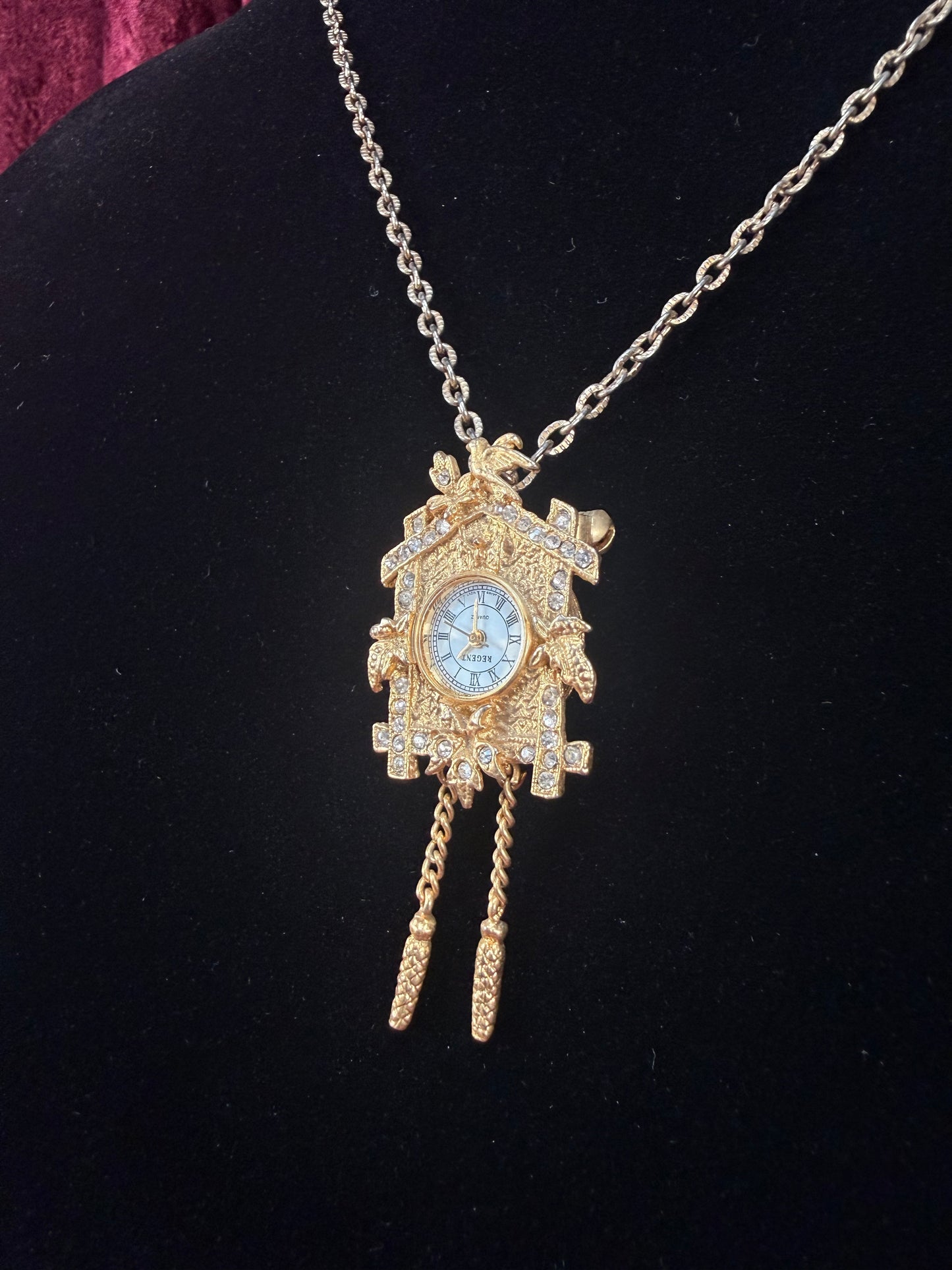 Vintage Gold Tone Cuckoo Clock Necklace – Rhinestone Accent Pendant