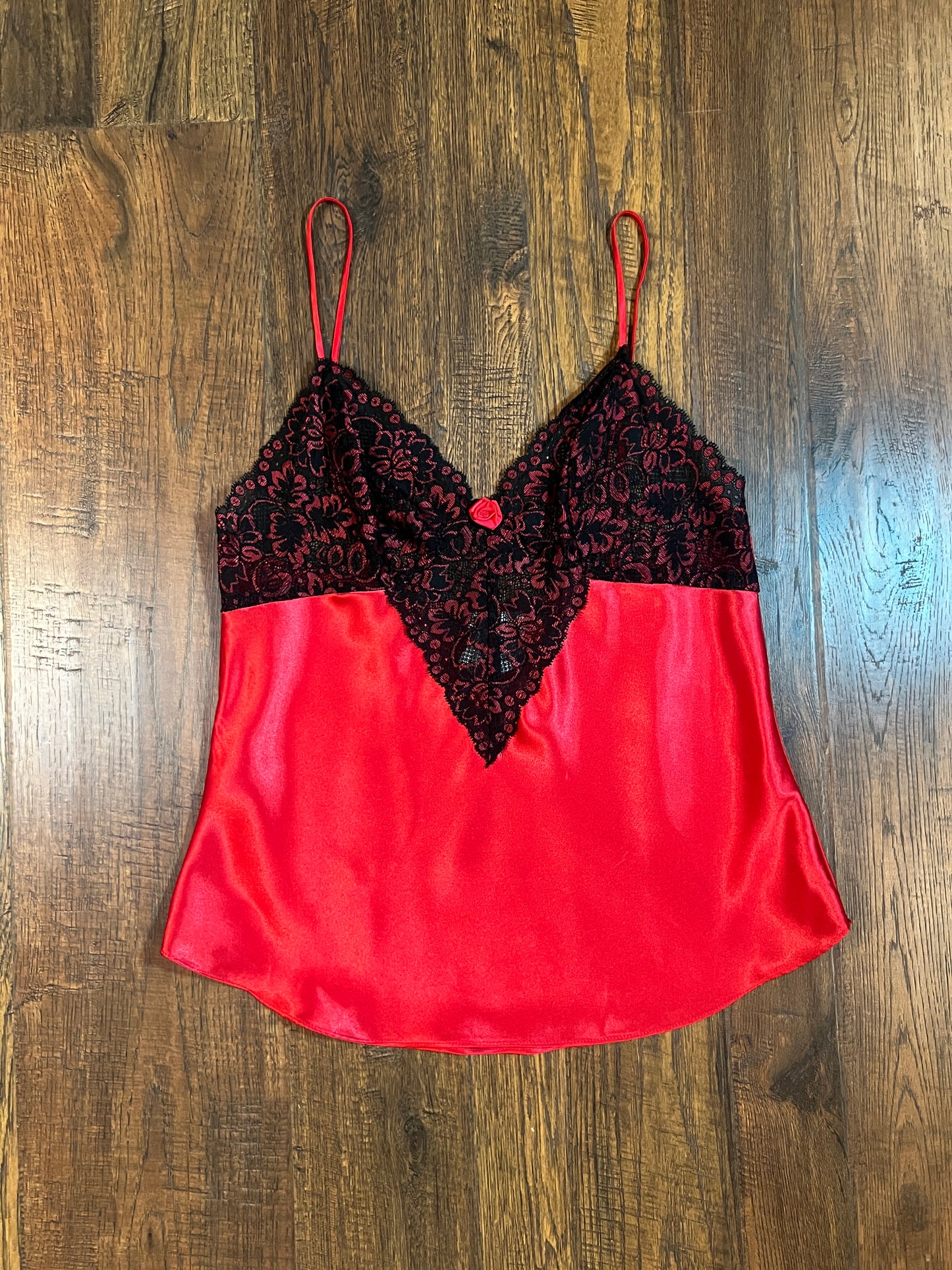 Vintage Clothing - Red Satin with Black Lace Tank & Pant Pajama Set - Secret Treasures - Size Medium