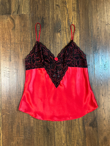 Vintage Clothing - Red Satin with Black Lace Tank & Pant Pajama Set - Secret Treasures - Size Medium
