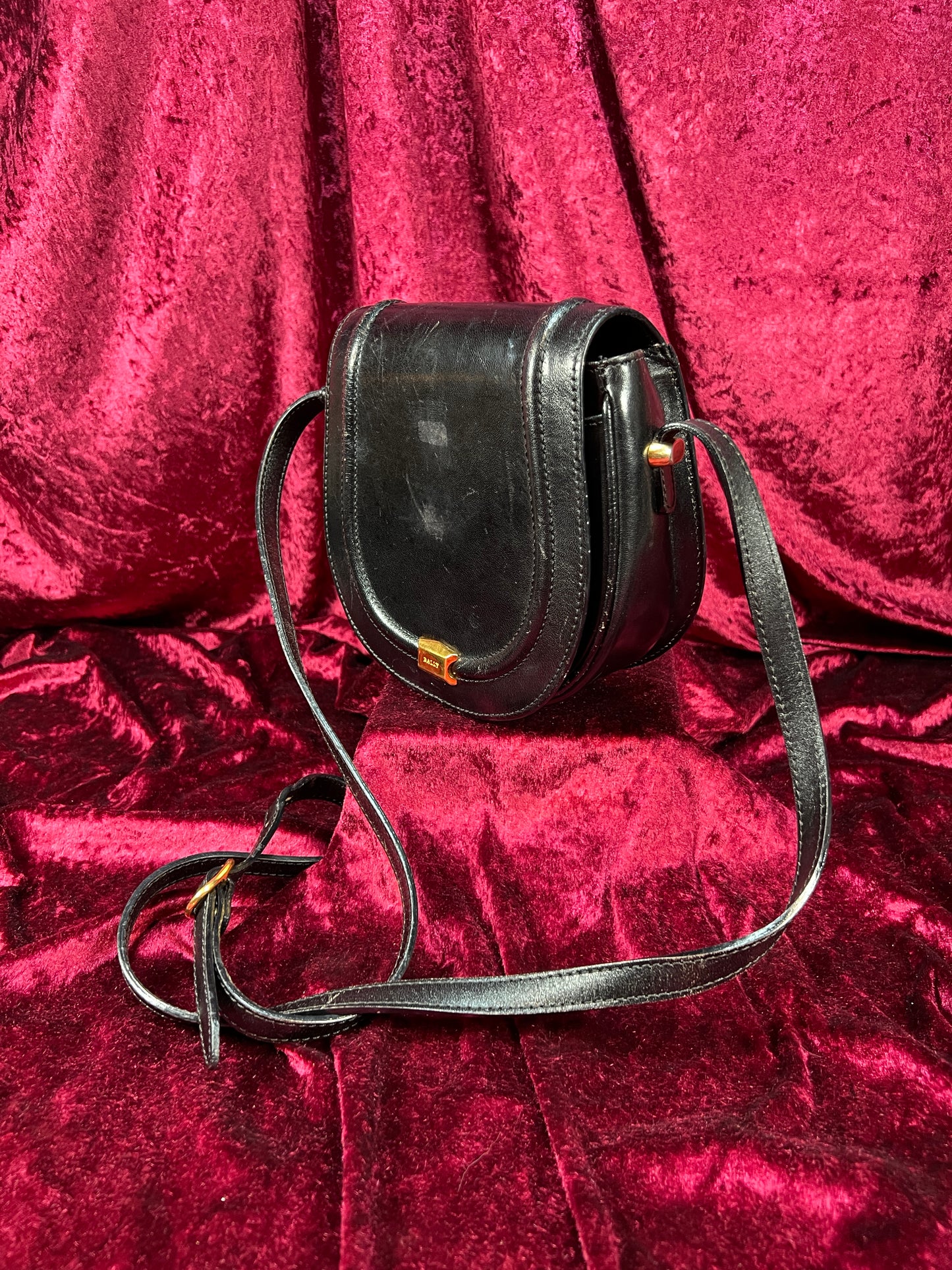 Vintage Black Leather Crossbody Bag - Bally Italy Saddle Purse