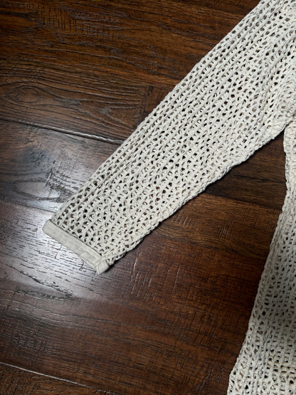 Vintage David Wayne Cotton Crochet Sweater – Ivory Open Knit Floral V-Neck – Medium