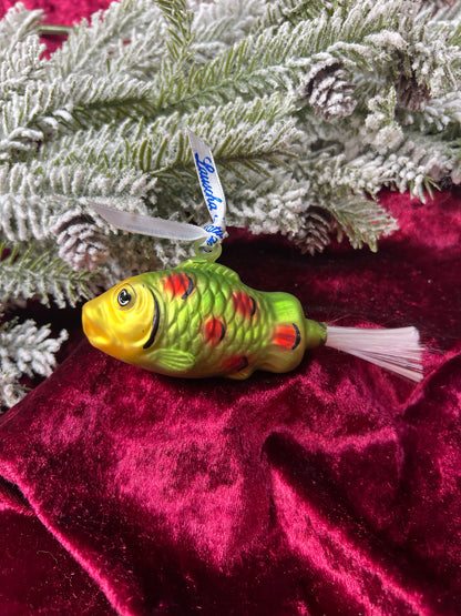 Vintage Christmas - Handblown Glass Ornament - Green Fish - Lauscha - Made In Germany