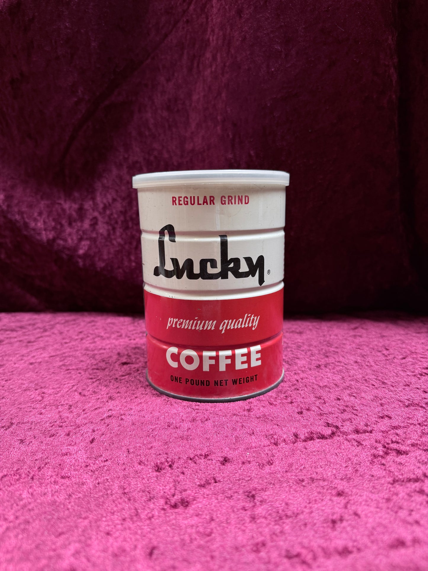 Vintage Lucky Metal Coffee Can - San Leandro California Red White Regular Grind One Pound Tin