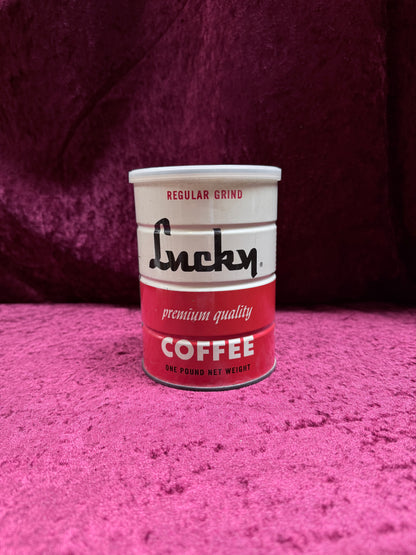 Vintage Lucky Metal Coffee Can - San Leandro California Red White Regular Grind One Pound Tin