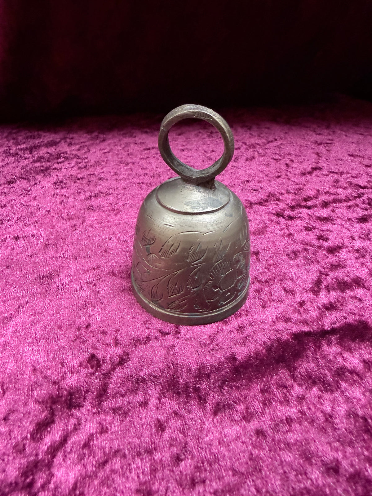 Vintage Engraved Brass Bell – Floral Etching + Ring Handle