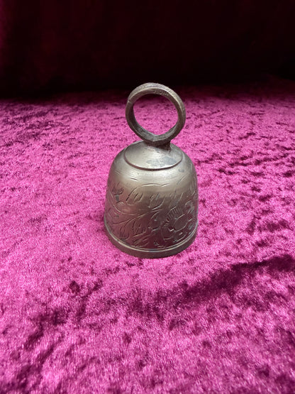 Vintage Engraved Brass Bell – Floral Etching + Ring Handle