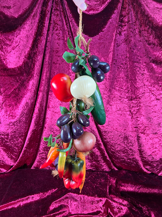Vintage Home Decor - 1970s Decorative Hanging Ristra - Plastic Vegetables and Fruits