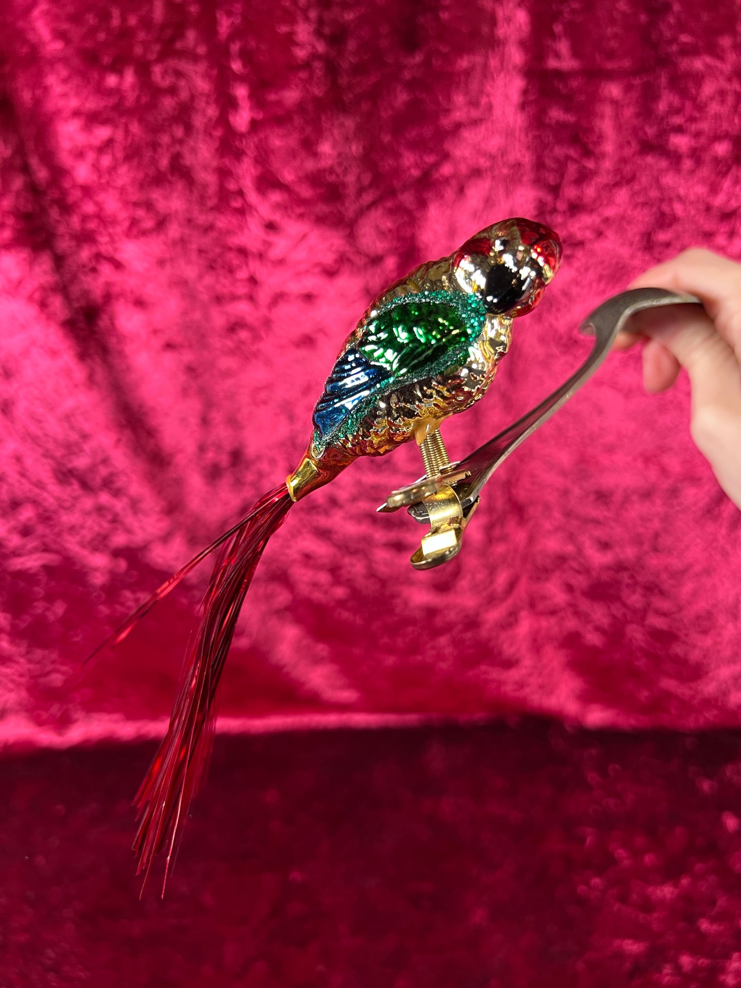 Vintage Christmas - Glass Clip-On Ornament - Rainbow Macaw Parrot with Tinsel Tail - Made In Germany